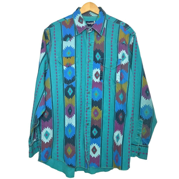 Vtg Wrangler Brushpopper Teal Blue Aztec Button Down Shirt Men's 17 Large